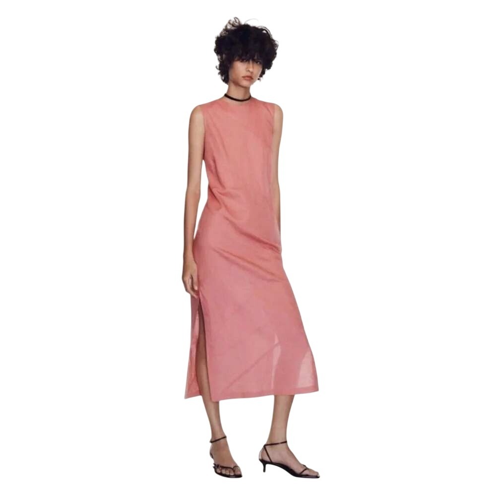 ZARA Linen Blend Midi Dress Womens M Dusty Pink Sleeveless Minimalist Coastal